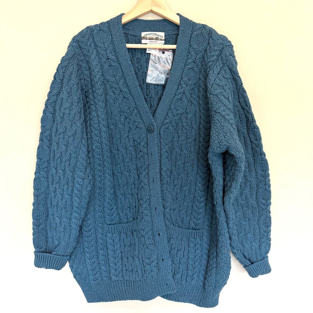 Arancrafts Women's 100% Merino Wool Cardigan Cable Knit Sweater XXL Teal NEW